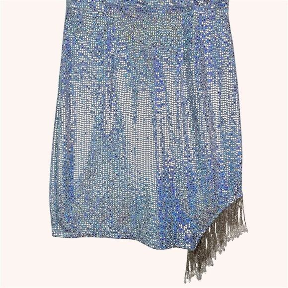 SPEECHLESS Shimmer Blue‎ Silver Sequin Prom Homco Dress Beaded Fringe Medium NWT - Picture 9 of 11